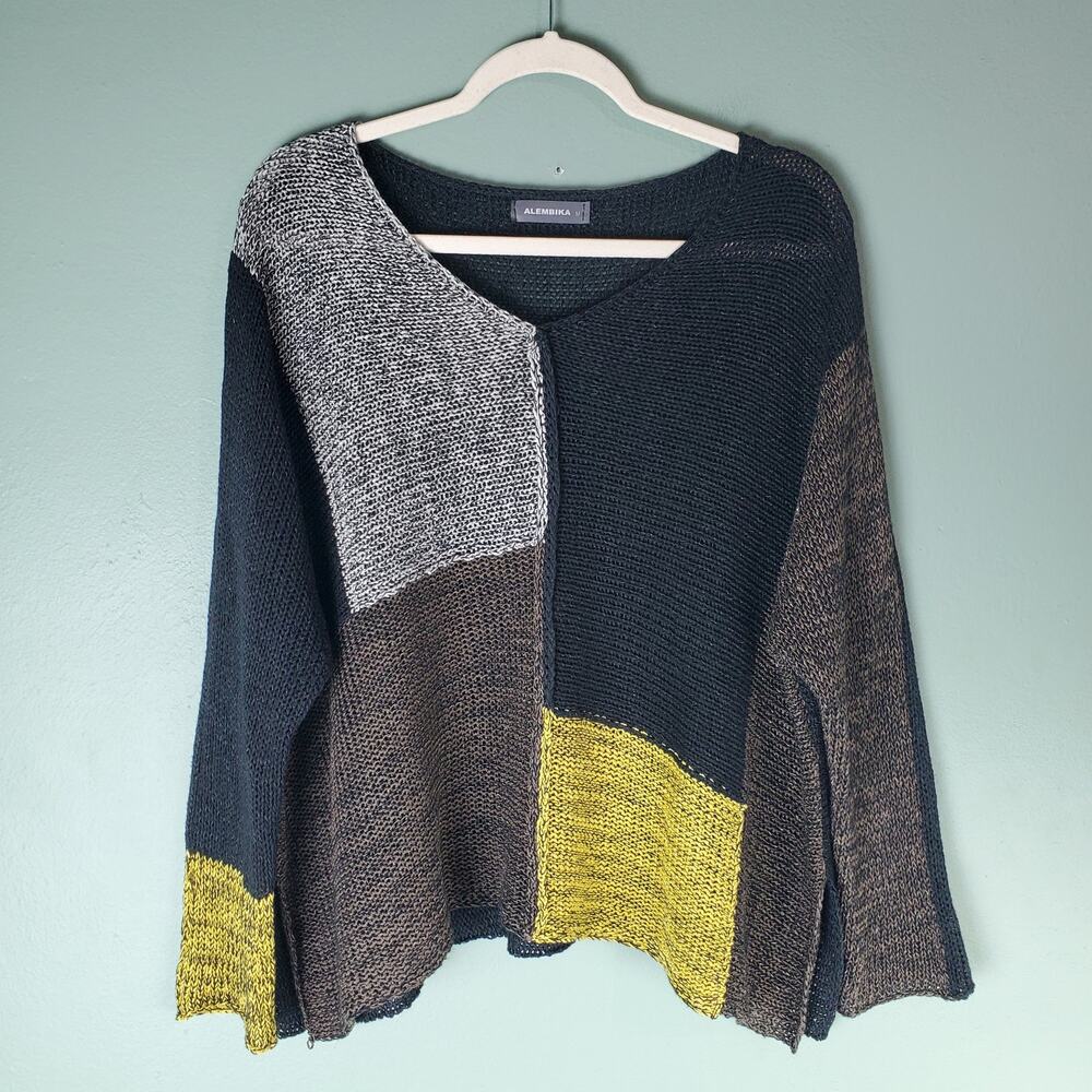 Alembika Womens Multi Color Colorblock Hand Knit Boxy Sweater Size Medium